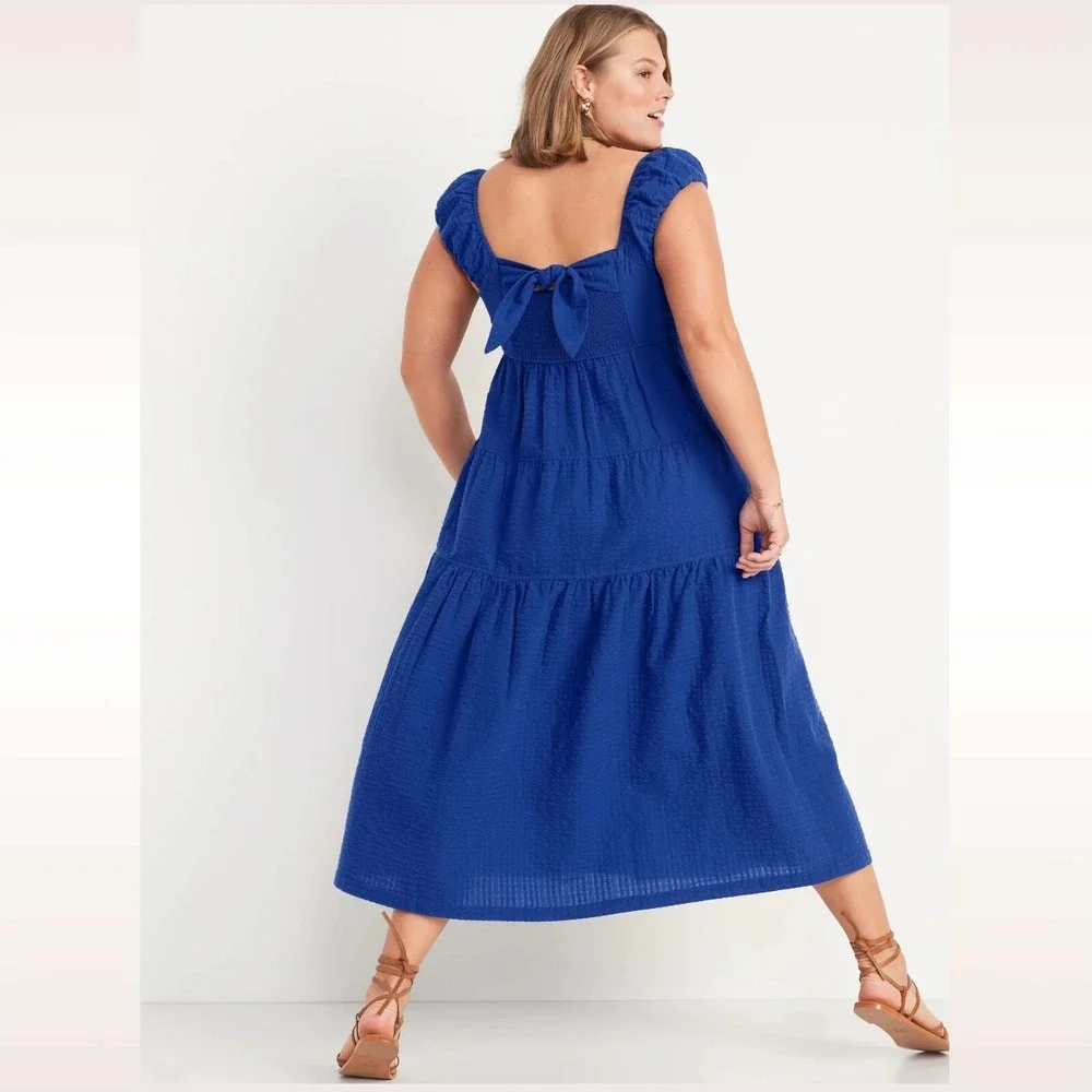 Old Navy Dress Womens 4X Blue Fit & Flare Tiered Seersucker All-Day Maxi - Picture 2 of 3